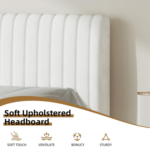 HOMBCK Single Bed Frame, 90 x 190 cm, Upholstered Bed with Velvet Headboard, Adjustable Height, Wooden Slat Support, No Box Spring Needed, White