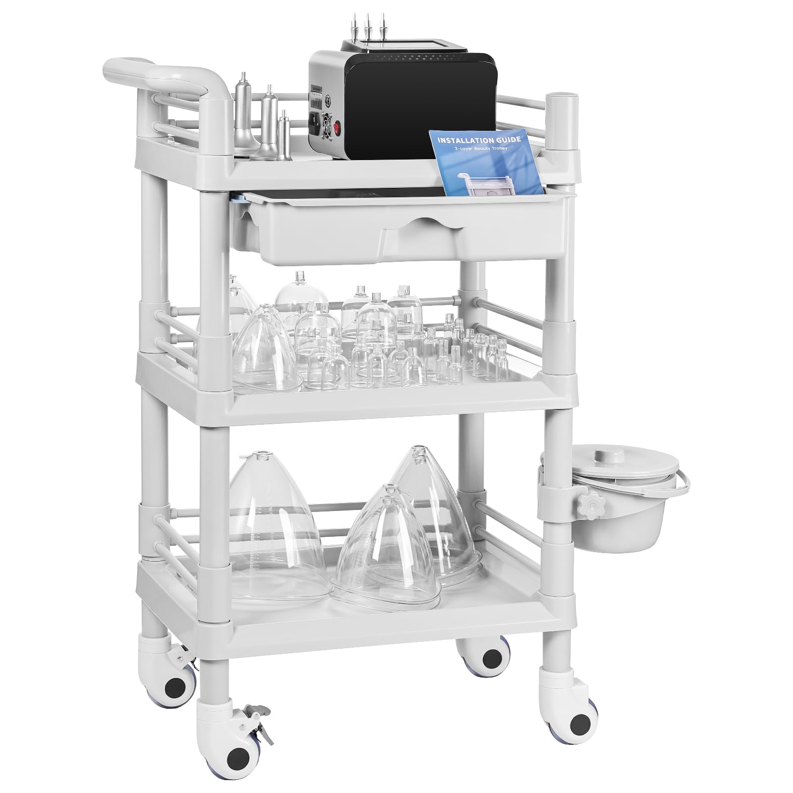 iklestar Beauty Trolley Cart, 3 Tier Trolley on Wheels with Bucket and Big Drawer