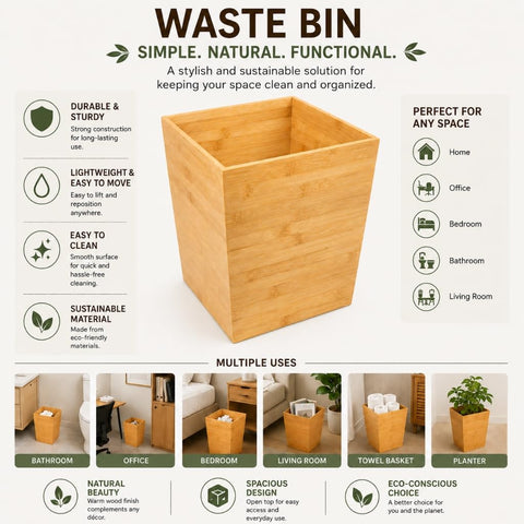 woodluv Trash Can Waste Bin Paper Bin, Wastebasket Wooden Rubbish Trash Can for Home or Office
