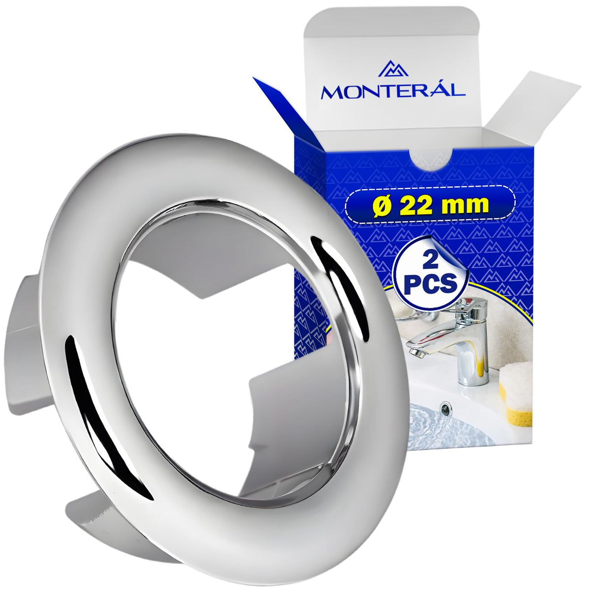 2x Bathroom Sink Overflow Ring Ø22mm - Sink Overflow Cover Chromed Plastic