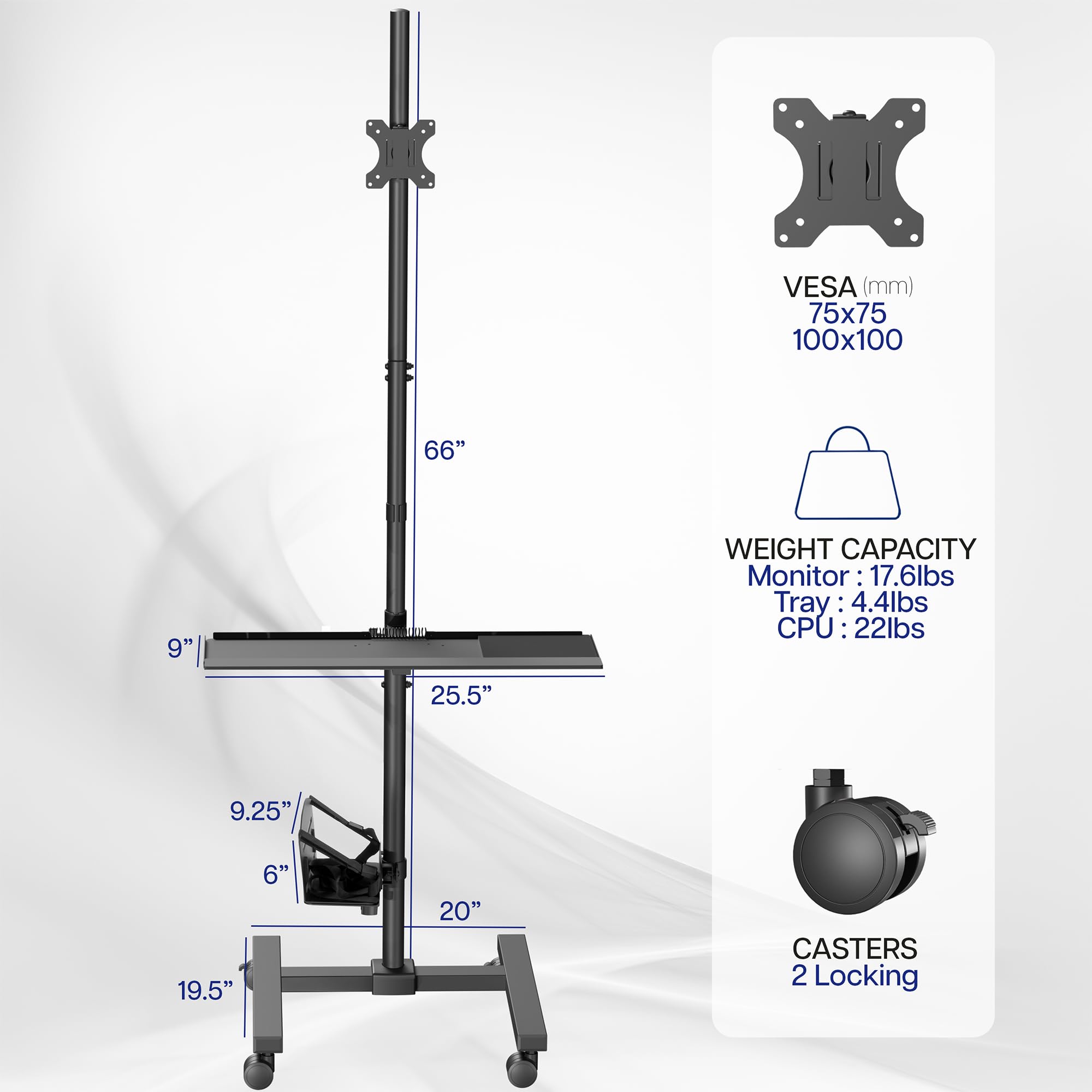 VIVO Black Computer Mobile Cart Rolling Stand | Adjustable Monitor Mount 32" Case Holder & Keyboard Tray Moving Workstation (CART-PC02T)