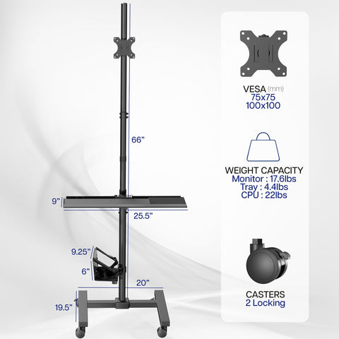 VIVO Black Computer Mobile Cart Rolling Stand | Adjustable Monitor Mount 32" Case Holder & Keyboard Tray Moving Workstation (CART-PC02T)