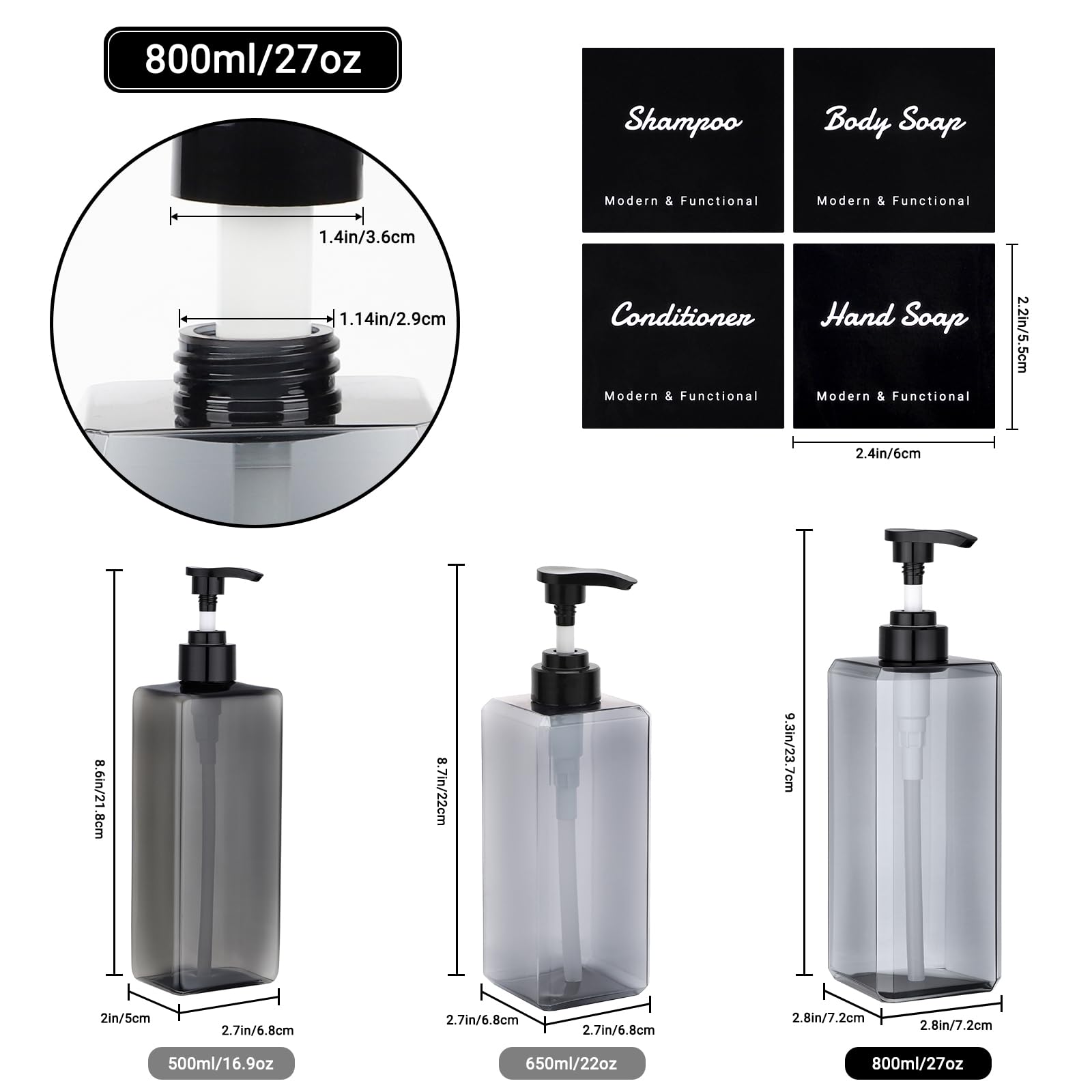Segus Hand Wash Dispenser, 3 Pieces 800ml Grey Soap Dispenser, Refillable Shampoo Bottles with Pump, Bathroom Bottles with Labels, for Hotel, School