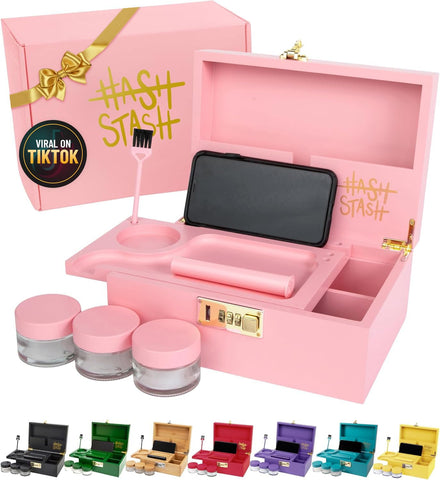 The OG Storage Box - Large Bamboo Box with Combination Lock, Magnetic Lid, Organizer Tray, Tube, Brush and 3 Smell-Proof Jars