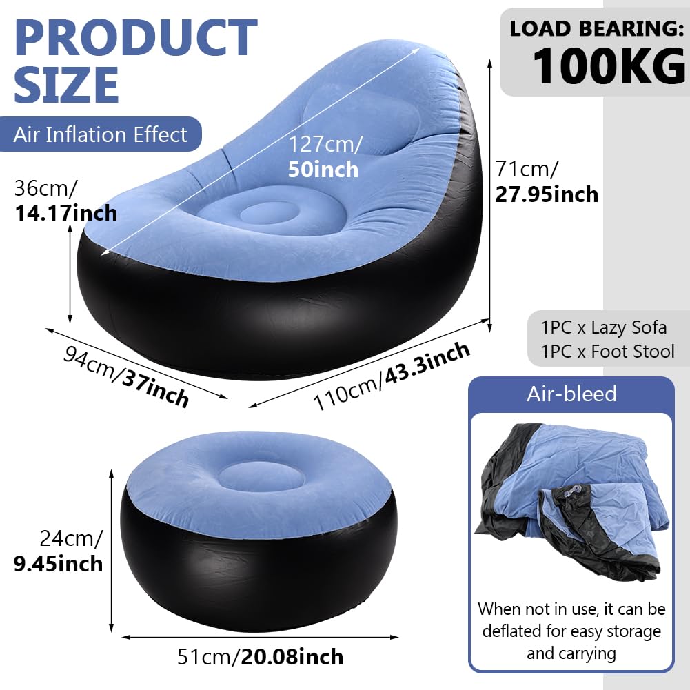 Fiacvrs Inflatable Lounge Chair for Adults, Portable Folding Inflatable Blow Up Couch with Foot Stool