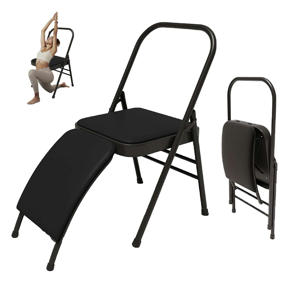 YUZINO Folding Chair Yoga Auxiliary Chair, PU Leather Padded Seat with Waist Support & Metal Steel Frame