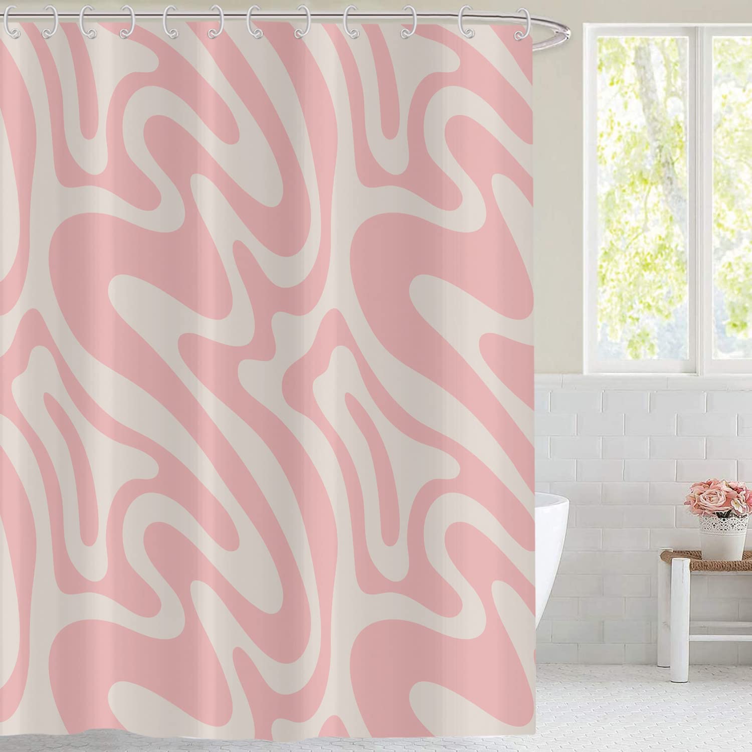 Hnmdmyi Pink Shower Curtain 180x200, Abstract Retro 70s Shower Curtains Modern Aesthetic Wavy Swirl Minimalist Girls Bathroom Curtains Waterproof