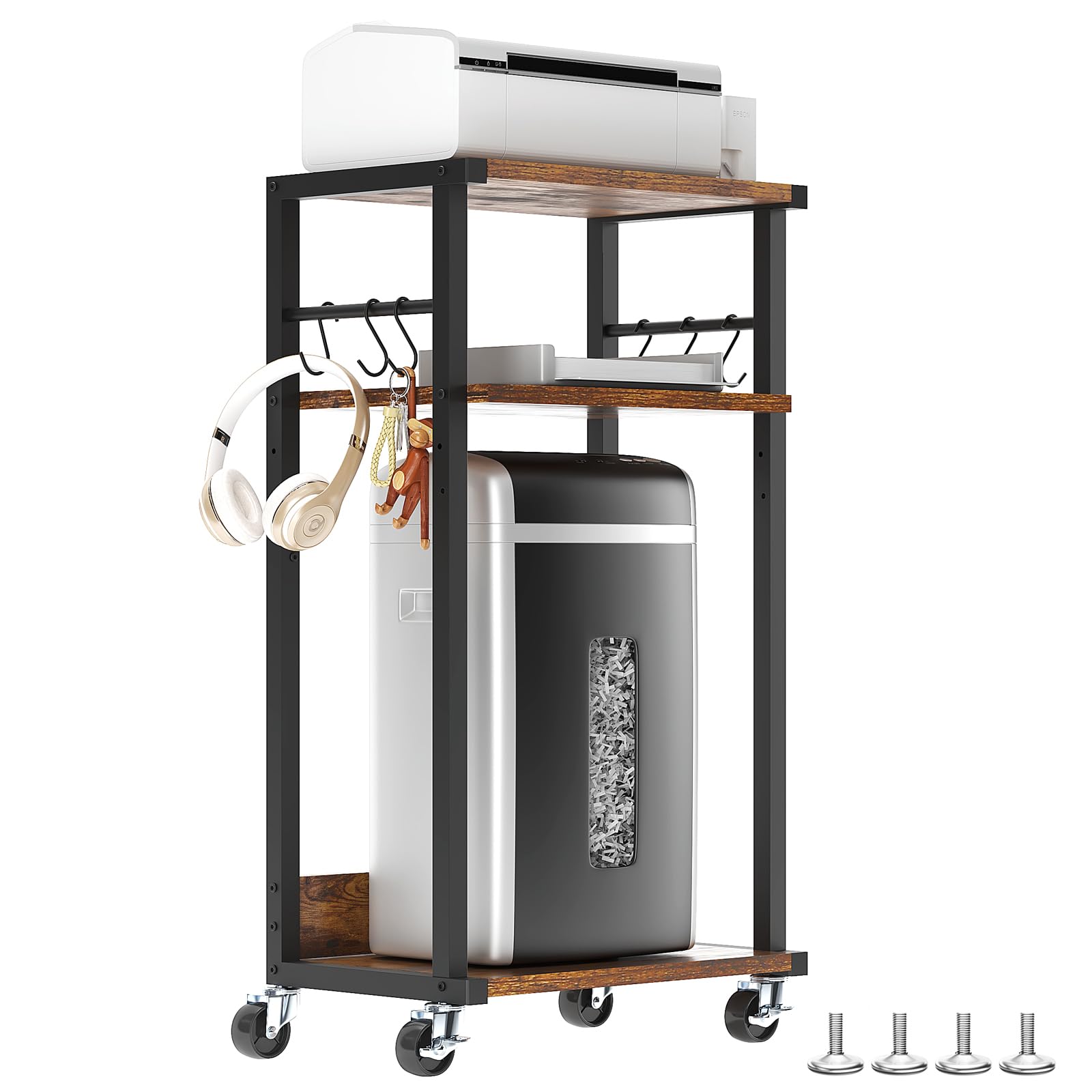 YMYNY 3 Tier Under Desk Printer Cart on Wheels Stand,Natural HPT002H