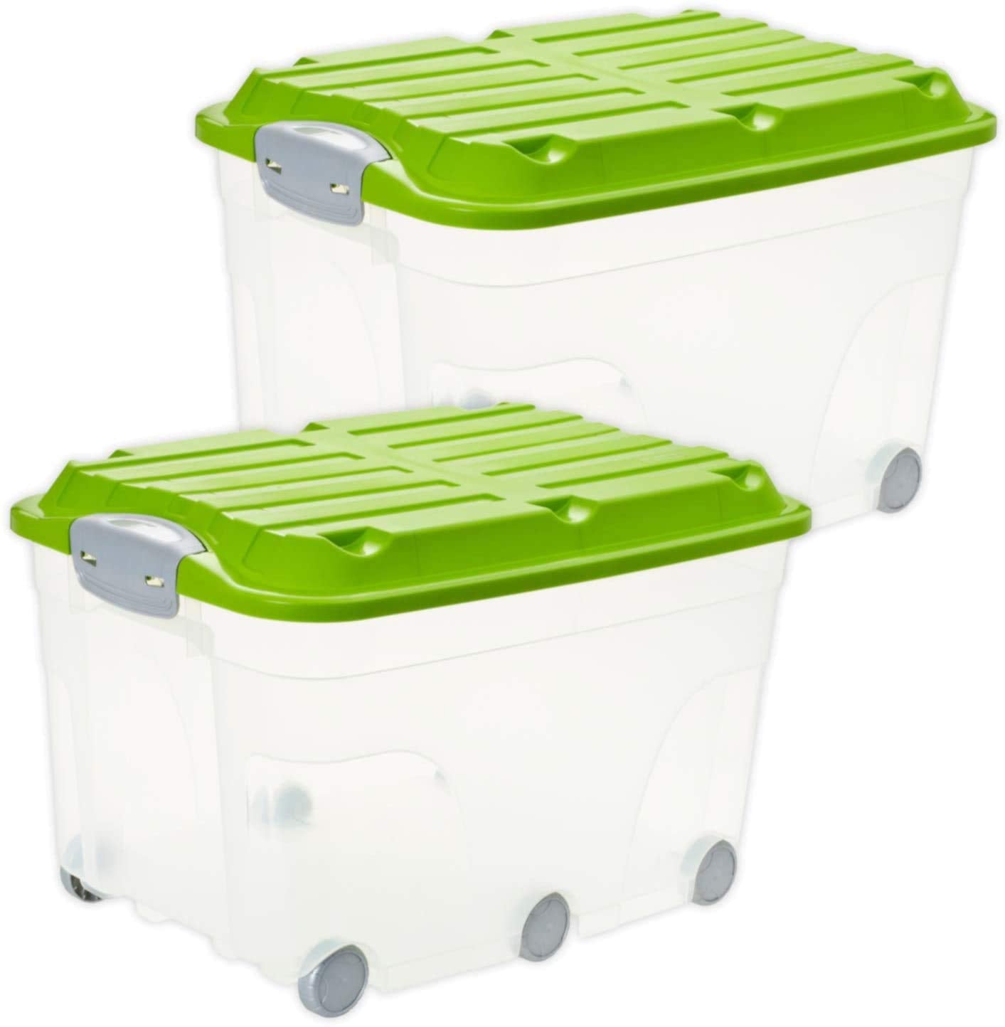 Rotho Roller 6 Set of 2 storage boxes 57 l with lid, Plastic (PP) BPA-free, Transparent/Green, 2 x 57 l (60,0 x 40,0 x 37,0 cm)