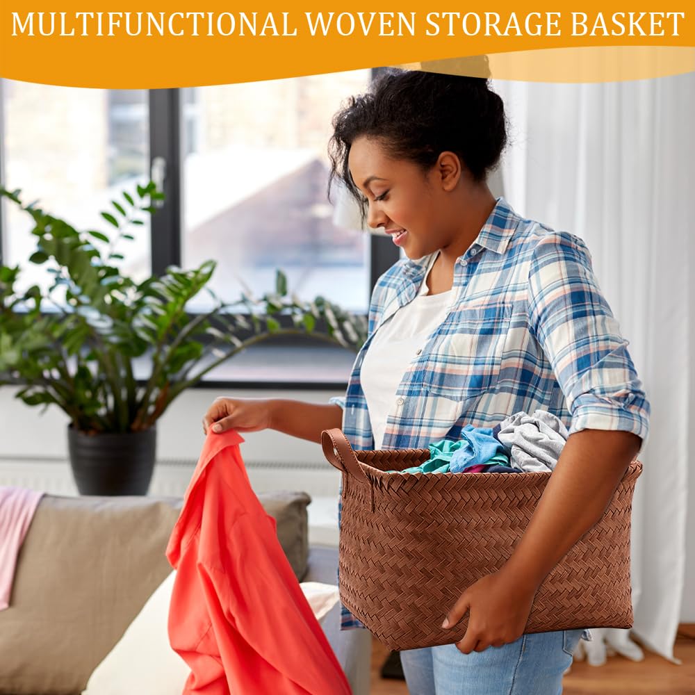 Lighterday 2 Pcs Wicker Storage Basket - Large Woven Basket With Handle for Shelves, Faux Rattan Seagrass Box Organizer for Home Office