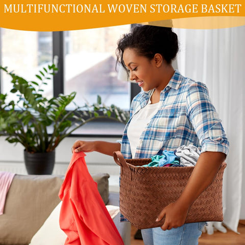 Lighterday 2 Pcs Wicker Storage Basket - Large Woven Basket With Handle for Shelves, Faux Rattan Seagrass Box Organizer for Home Office