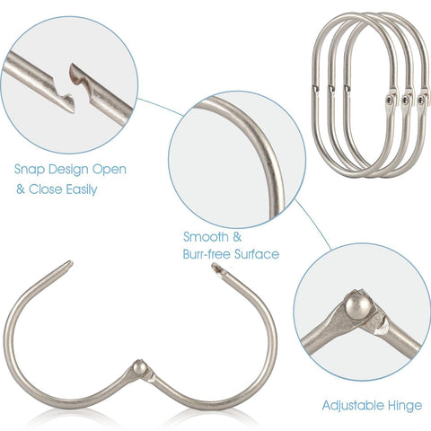 Goowin Shower Curtain Hooks, 12 Pcs Shower Curtain Rings Rust Proof Metal Oval Rings Clasp Closed Shower Curtain Rings for Bathroom Shower Rods