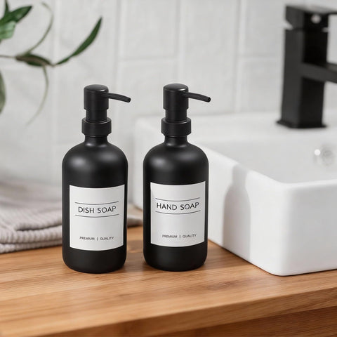 Washing Up Liquid Dispenser,17 fl oz Black Glass Soap Dispensers, Kitchen Soap Dispenser Set