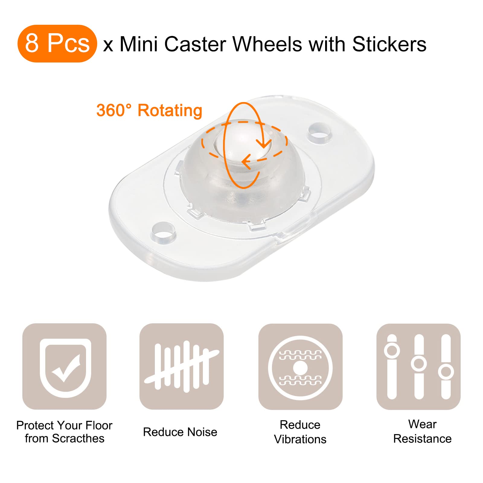 sourcing map Self Adhesive Caster Wheels, Mini Swivel Paste Universal Pulley for Bin Bottom, Trash Can, Electronic (Pack of 8 -Clear)