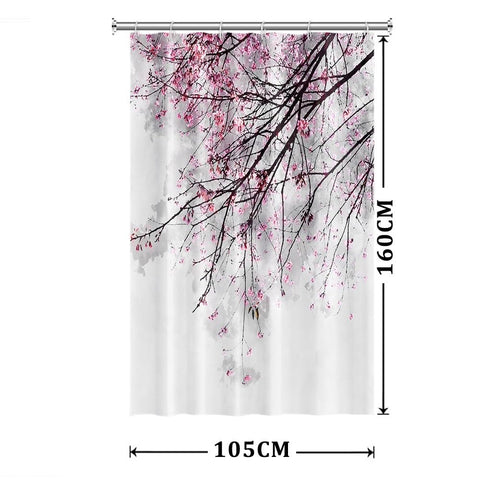 Xiaoterna Spring Shower Curtain Cherry Blossom Shower Curtain Red Plum Floral Bathroom Curtain Chinese Oriental Ink Painting Floral Shower Curtain