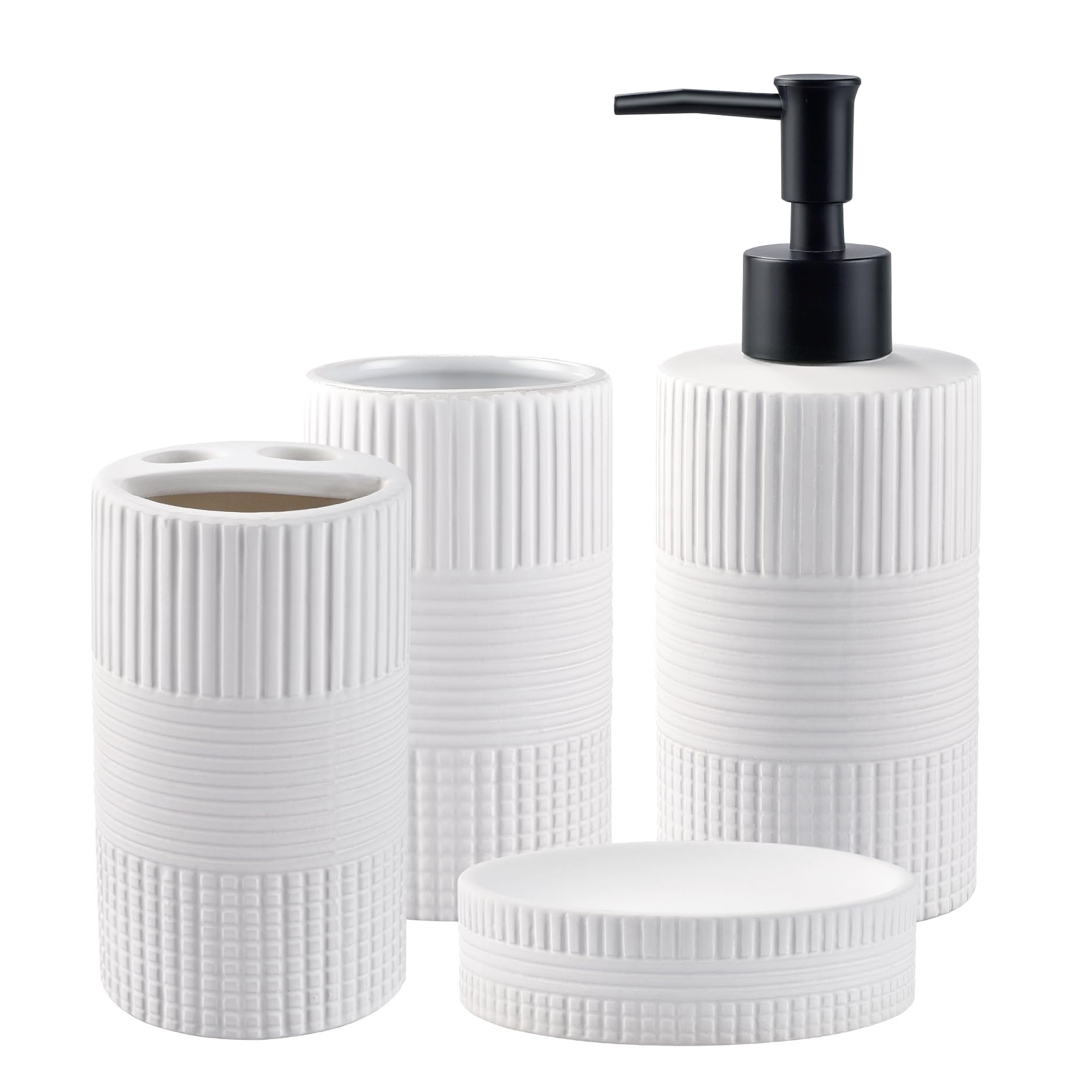 Bathroom Accessories Set of 4, Ceramic Bathroom Sets Complete-Toothbrush Holders, Soap Dispenser, Soap Dish, Toothbrush Cup