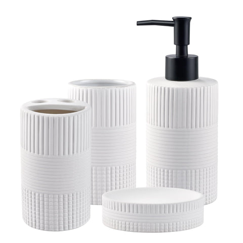 Bathroom Accessories Set of 4, Ceramic Bathroom Sets Complete-Toothbrush Holders, Soap Dispenser, Soap Dish, Toothbrush Cup