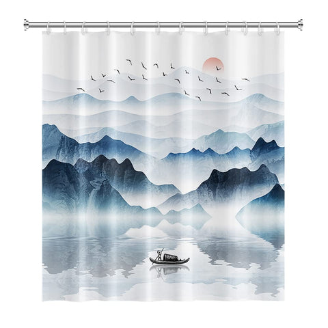 SDOTPMT 48x72 Inch Mountain Landscape Shower Curtain Lake Wooden Boat Red Sun Wild Goose Nature Scenery Foggy Modern Oil Painting Bath Curtain Fabric