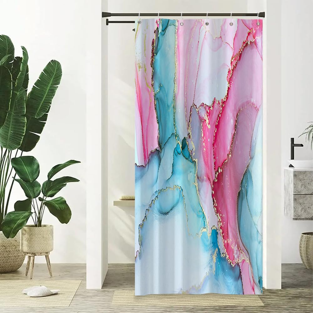 Xiaoterna Blue and Pink Gold Dots Marble Shower Curtain Modern Concise Waterproof Bathroom Curtain Abstract Contemporary Aesthetic Washable Mildew