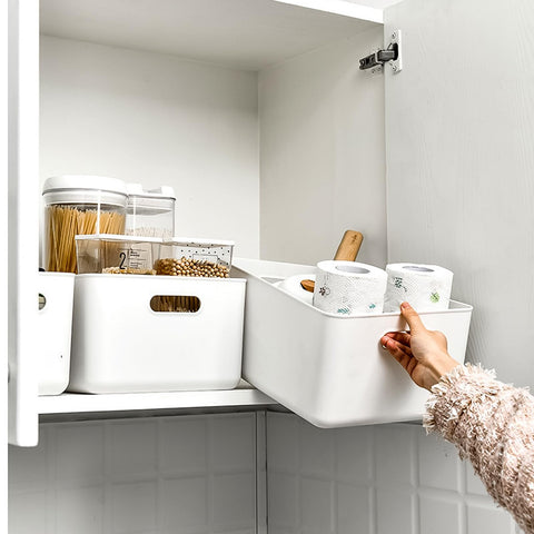 WOPPLXY 4PCS White Storage Boxes with Lid - 6.5L Stackable, Durable Boxes - White Plastic Storage Box with Lid for Desktop, Bathroom, Kitchen