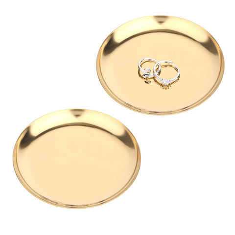 2pcs Gold Round Serving Trays, Stainless Steel Trinket Dish Decorative Jewelry Tray Small Gold Platters for Jewelry Cosmetics Countertop Dish