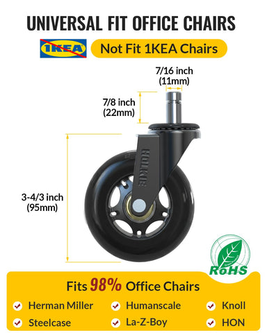 HOLKIE Office Chair Wheels 11x22mm Black Replacement Desk Chair Wheels for Hard Floor Casters Set of 5 Heavy Duty Wheel Replacement for Computer