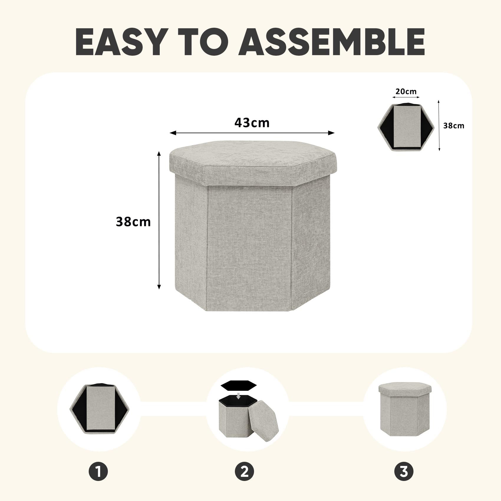 PINPLUS Chenille Ottoman Storage Box, Hexagonal Folding Stool, Silver Grey