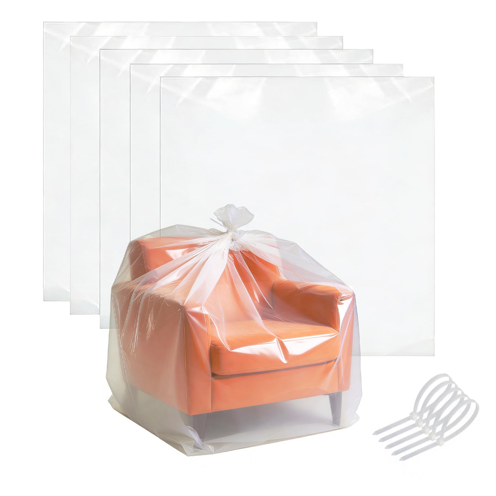 Extra Large Clear Plastic Bags - 150 x 150cm 5 Pack Heavy Duty Large Plastic Storage Bags with Zip Ties
