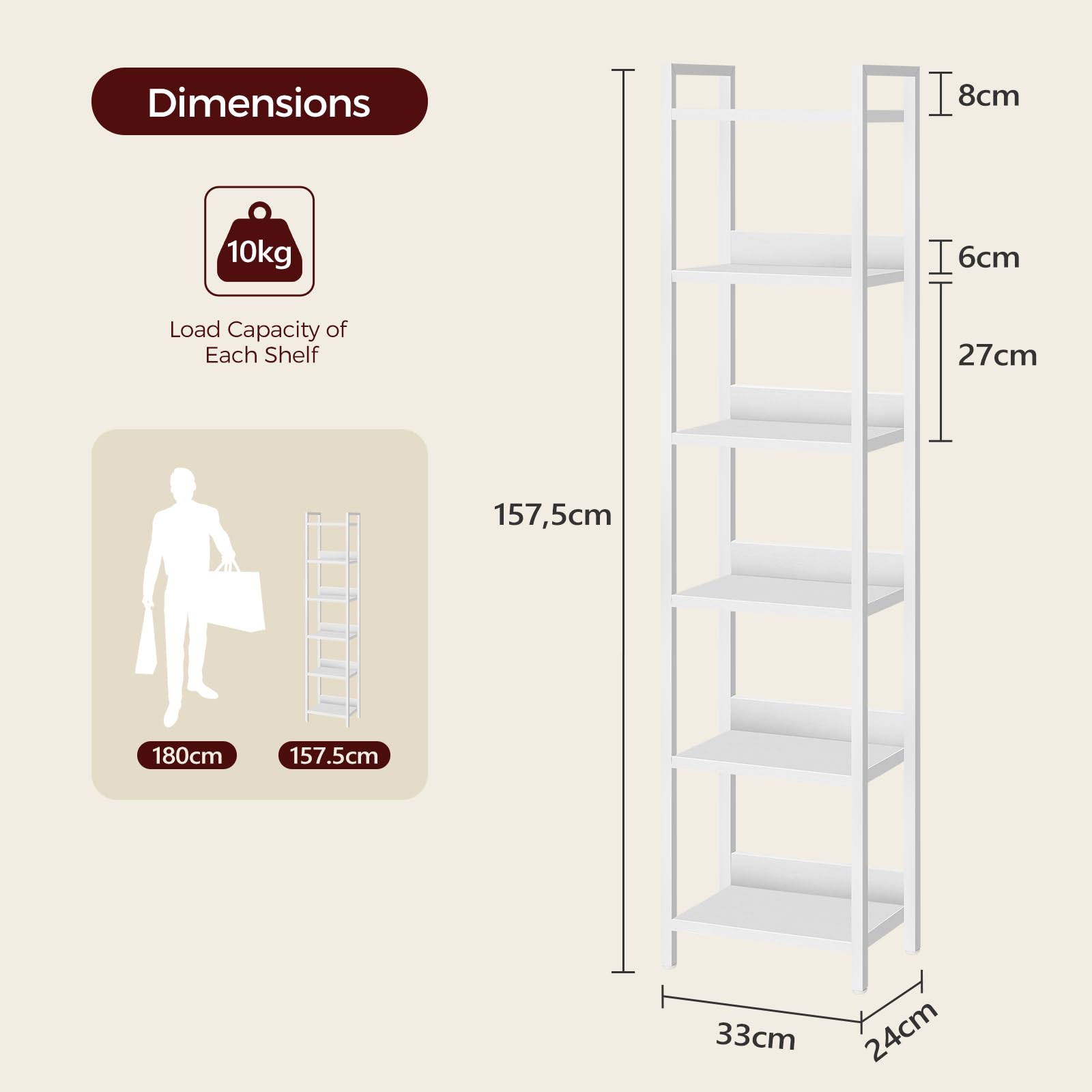 MAHANCRIS Bookshelf, 6-Tier Bookcase, Standing Book Shelf for Small Space, Storage Shelf Organizer, for Living Room, Bedroom, Study, Balcony