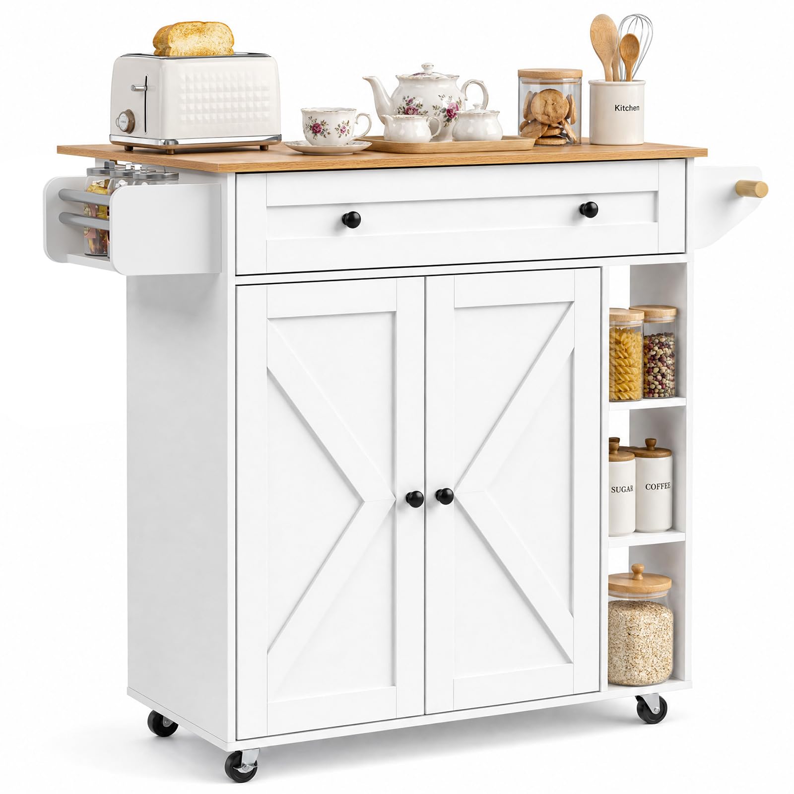 Drop-Leaf Kitchen Island on Wheels Utility Storage Cart with Drawers
