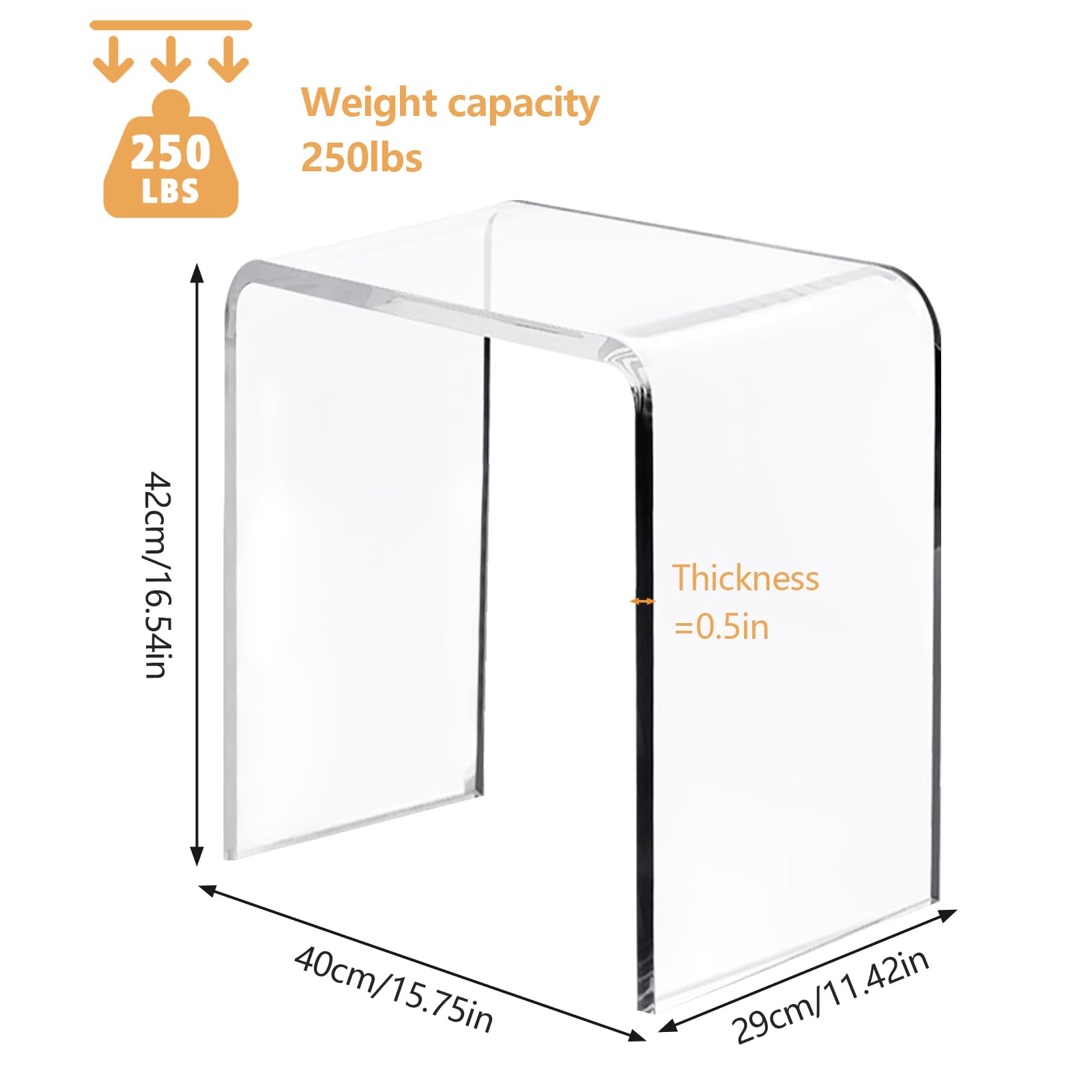 Clear Acrylic U Shaped End Table, Transparent Perspex Plastic Shower Stool, Stylish Modern Coffee Table with Rounded Edges