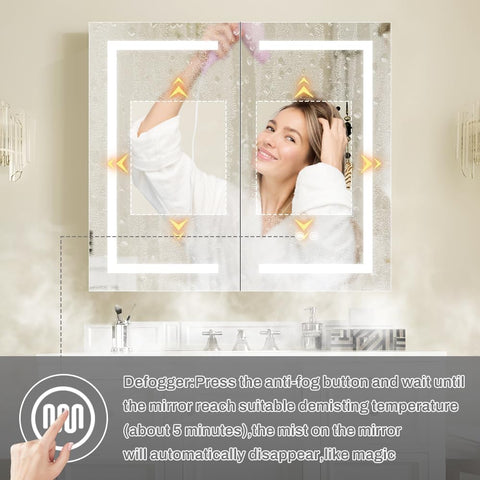 Janboe LED Mirror Cabinet,Bathroom Mirror Cabinet with Lights,91cm×81cm,Equip with Internal Light,Aluminum Construction,USB Shaver Socket,3
