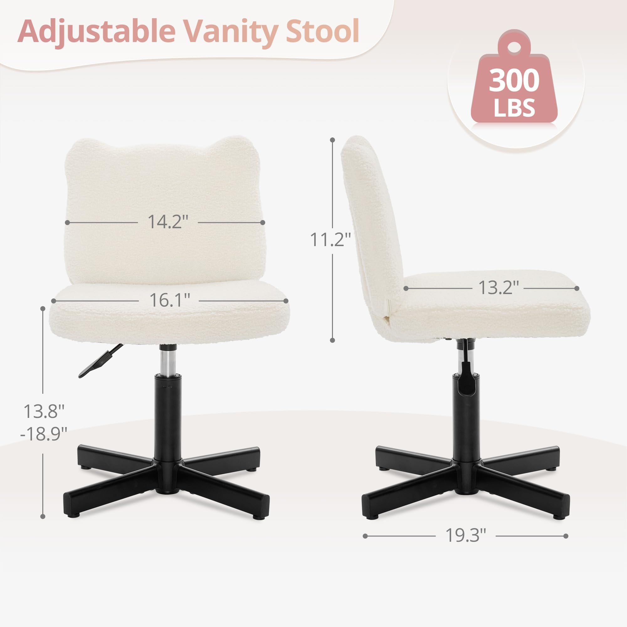 LUE BONA 360° Swivel Vanity Stool with Bear Ear Backrest, Height Adjustable Teddy Velvet Dressing Table Chair, Beige