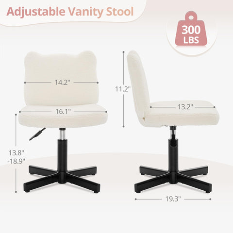 LUE BONA 360° Swivel Vanity Stool with Bear Ear Backrest, Height Adjustable Teddy Velvet Dressing Table Chair, Beige