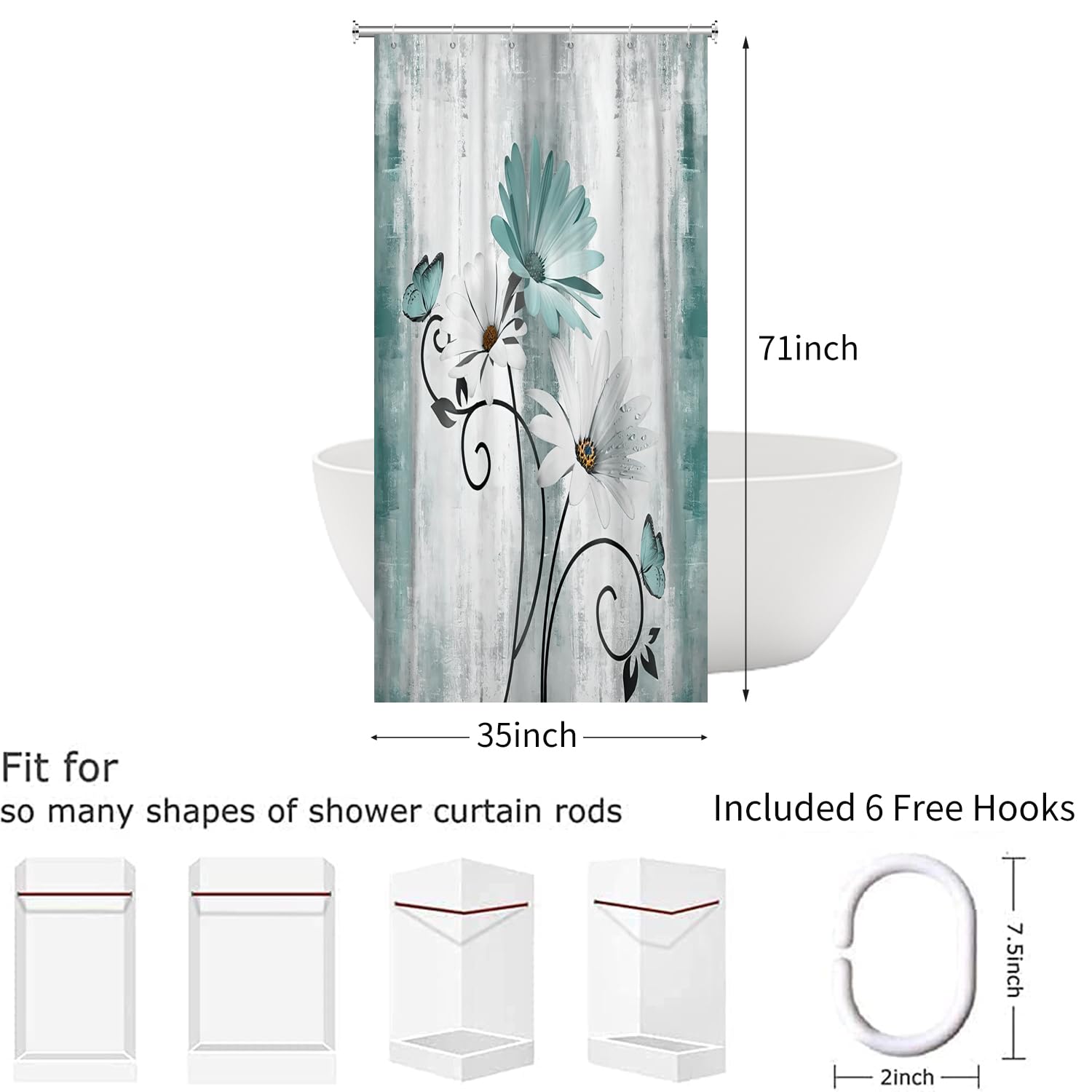 Hnmdmyi Farmhouse Floral Shower Curtain 90x180, Rustic Turquoise Daisy Flowers and Butterfly on Country Wooden Board Bathroom Curtains Waterproof
