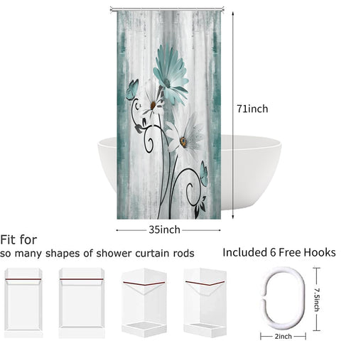 Hnmdmyi Farmhouse Floral Shower Curtain 90x180, Rustic Turquoise Daisy Flowers and Butterfly on Country Wooden Board Bathroom Curtains Waterproof