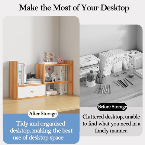 Expandable Desktop Bookshelf, Freestanding Adjustable Office Storage Rack