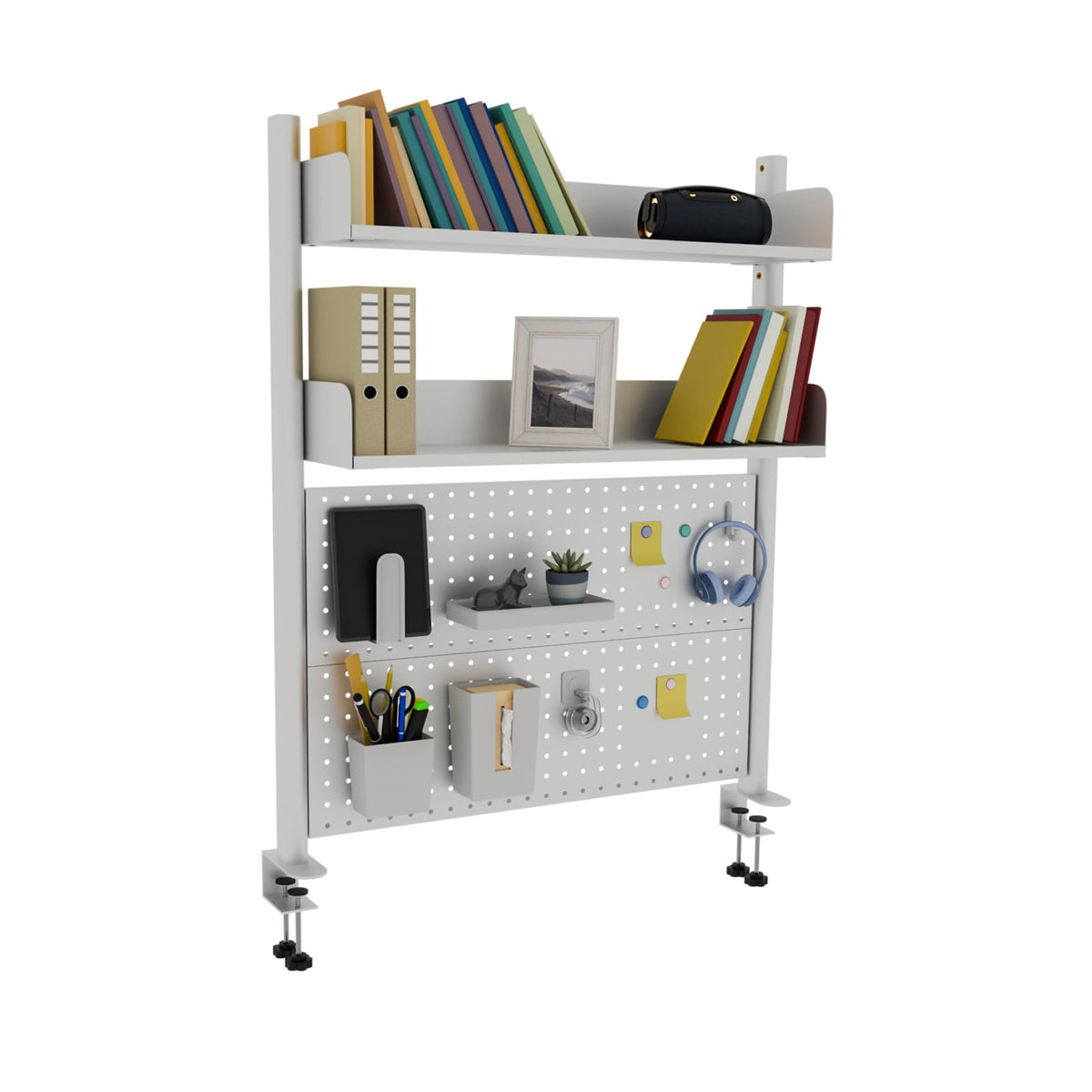 Boltmol Clamp-on 2-Tier Desk Shelf,White 80CM, Desktop Organizer With Pegboard, Countertop Storage Bookcase For Home, Office Or Dorm
