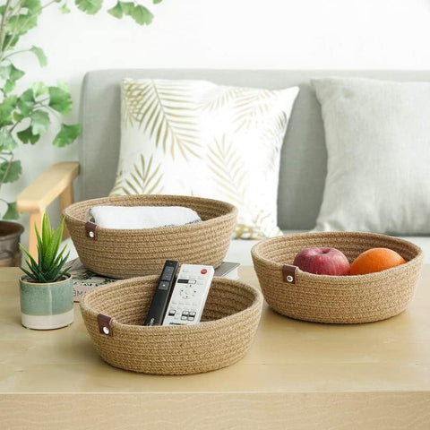 Set of 3 Cotton Rope Storage Baskets - Small White Organizers for Bathroom, Nursery & Home, Handmade Woven (White)