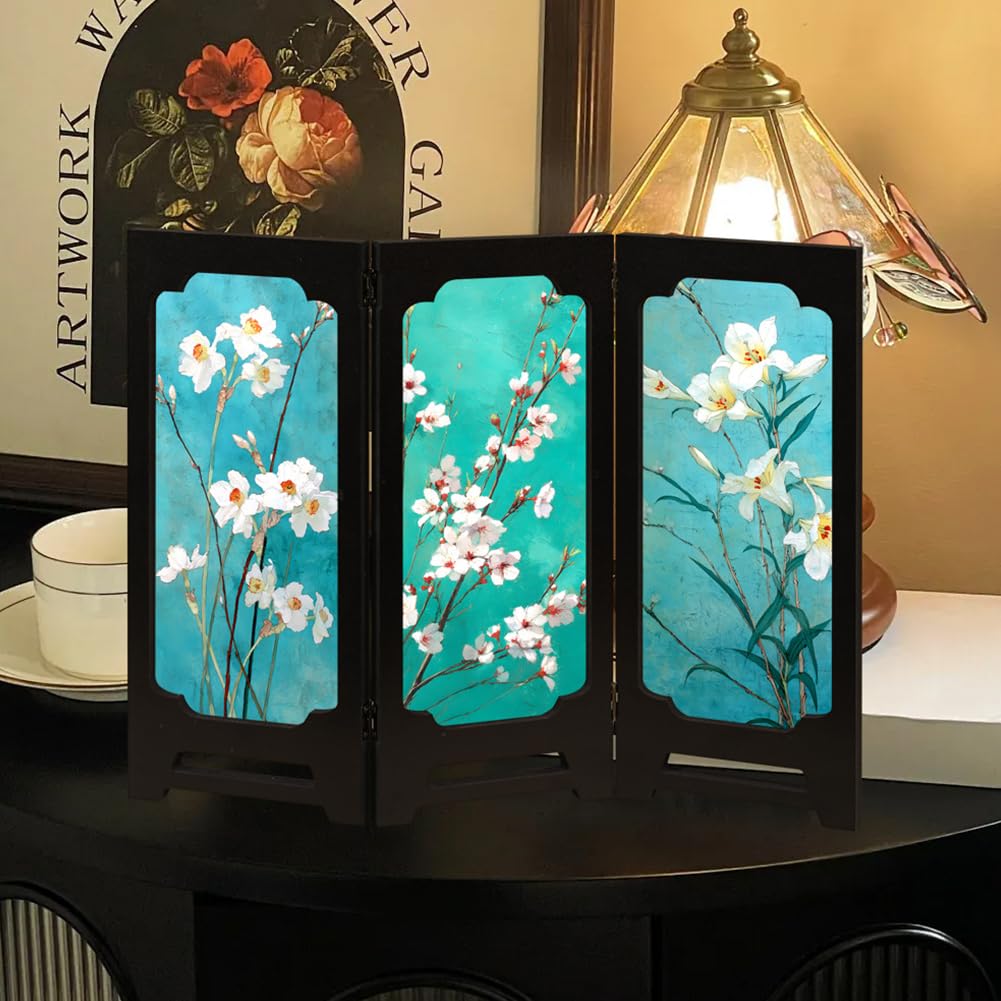 YANGSHINE Chinese Style Double Sided Lotus Pattern Mini Folding Screens Desktop Decoration Acrylic Foldable Screen with 3 Panel Divider for Home