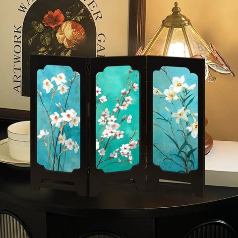 YANGSHINE Chinese Style Double Sided Lotus Pattern Mini Folding Screens Desktop Decoration Acrylic Foldable Screen with 3 Panel Divider for Home