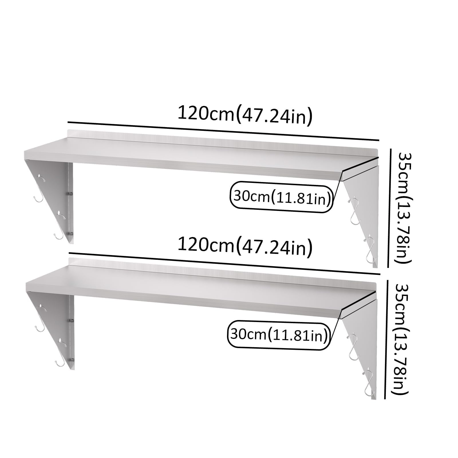 TAIMIKO Stainless Steel Wall Shelf 120x30cm 2PCS