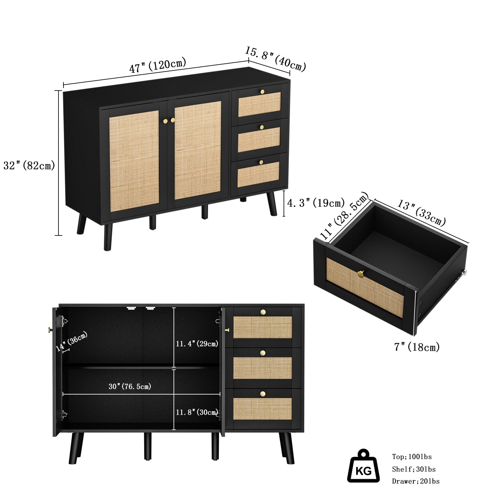 Skokliz Sideboard, Modern Storage Cabinet with 3 Drawers, Buffet Storage Cabinet 2 Doors and Adjustable Shelves