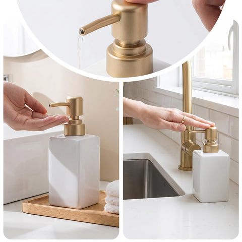 White Ceramic Soap Dispenser - 320ml Hand Soap Dispenser with Long Spout Refillable Shampoo Lotion Dispenser Elegant Square Design for Bathrooms