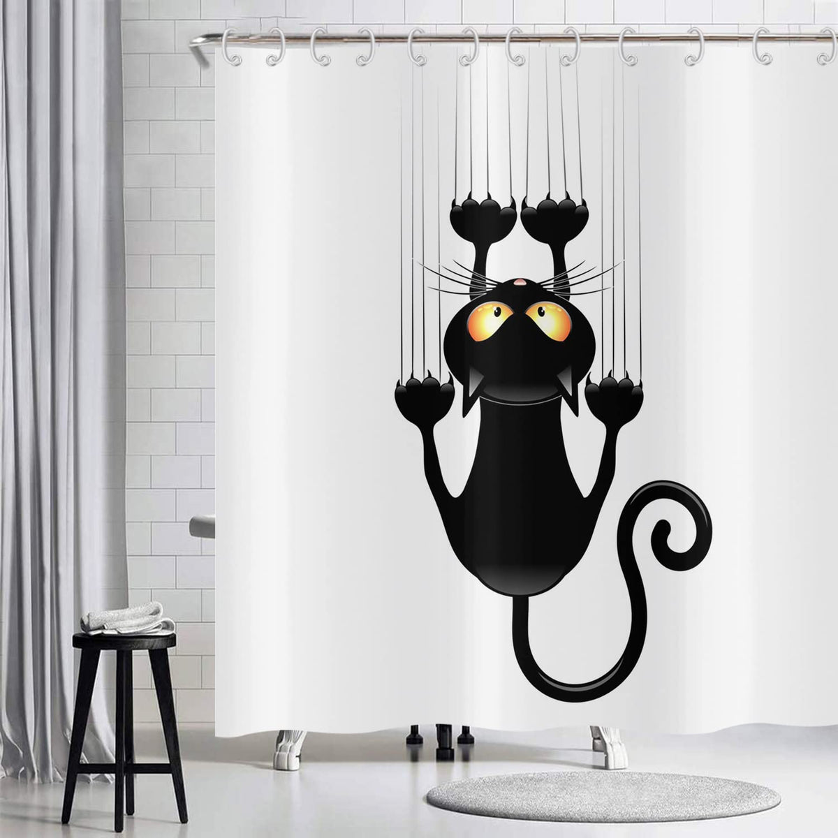 Hnmdmyi Funny Cat Shower Curtain 240x180, Black Kitten Scratching the Wall Bathroom Curtains Kids Cute Cartoon Animal Black and White Minimalism Art