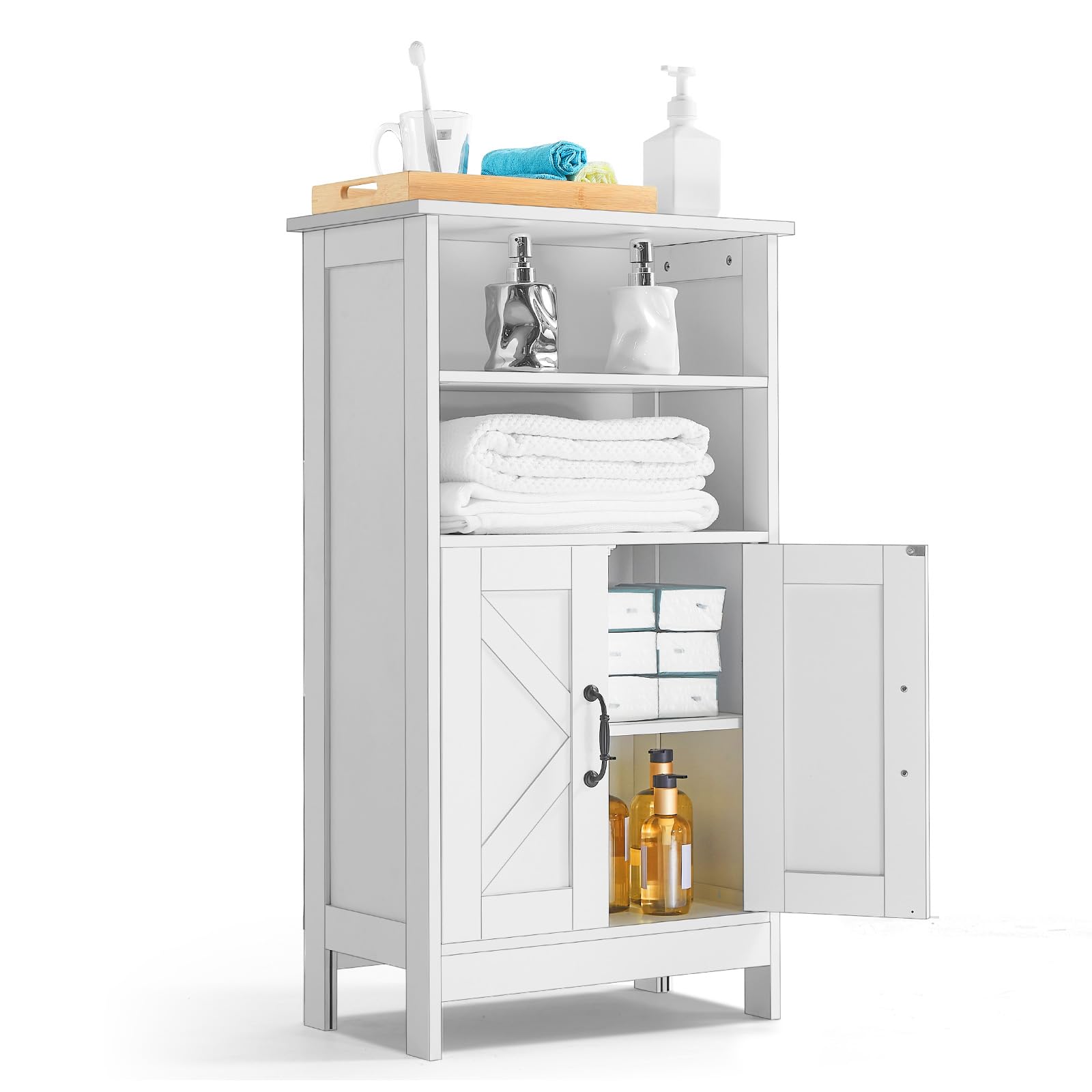 VEVOR Bathroom Floor Cabinet, 4-Tier, Wooden Storage Organizer with 2 Doors and Adjustable Shelf