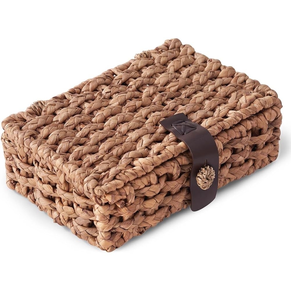Pinafresa Decorative Woven Box with Lid, Water Hyacinth Design Wicker Storage Basket for Shelf, Coffee Table Small