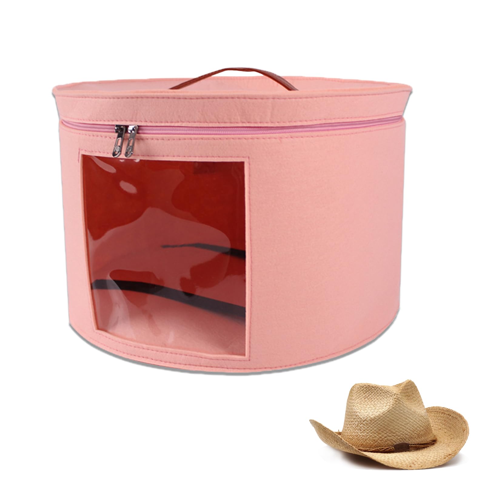 DYOUen Hat Boxes Hat Storage Box Felt Round Hat Box Foldable with Carry Handle and Clear Window for Wardrobe Organization, Travel,Dustproof (pink)