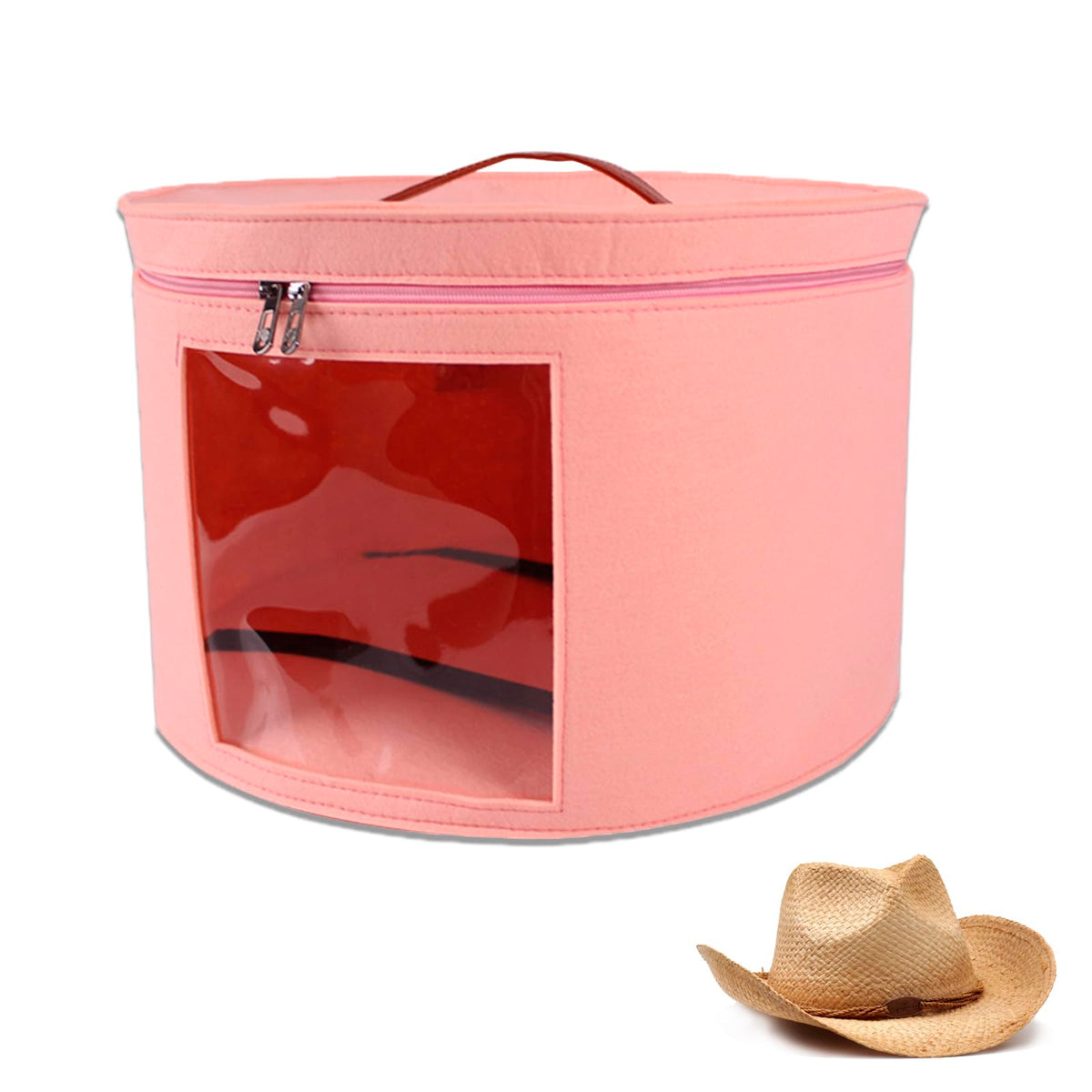 DYOUen Hat Boxes Hat Storage Box Felt Round Hat Box Foldable with Carry Handle and Clear Window for Wardrobe Organization, Travel,Dustproof (pink)