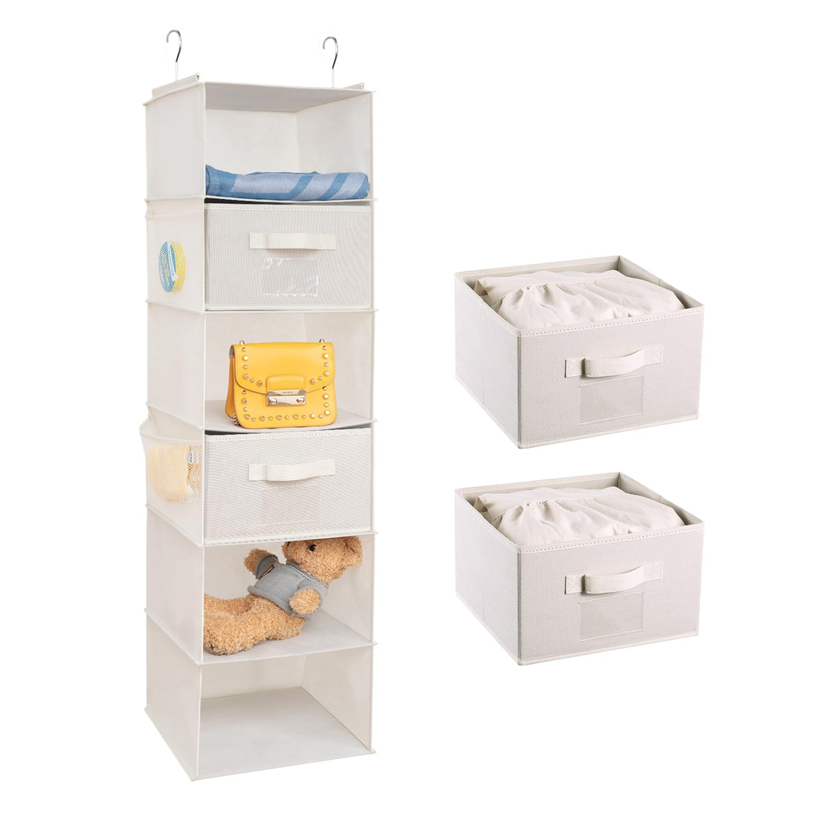 BrilliantJo Hanging Wardrobe Organiser 6 Shelves with 2 Removable Drawers Closet Storage, hanging Shelves Unit with 4 Pockets for Clothes